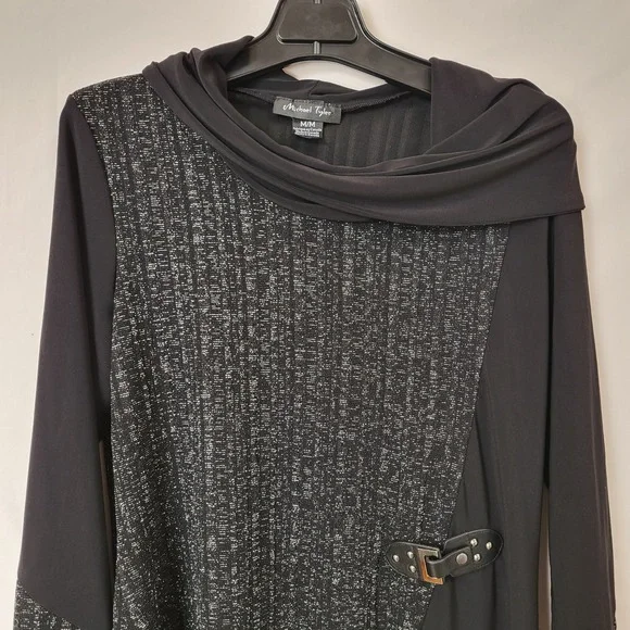 Michael Tyler Black Silver Shimmering Cowl Neck Buckle Top‎ M - Picture 6 of 13